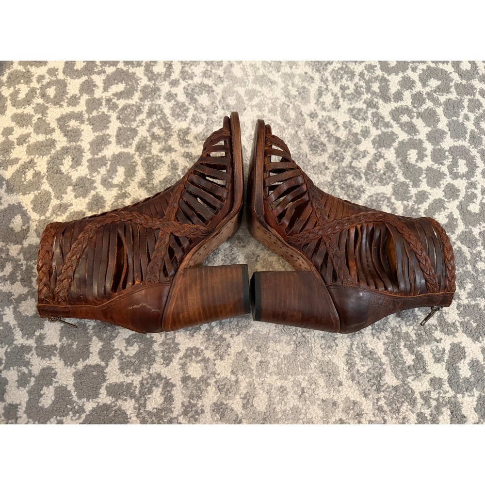 Freebird by Steven Bela Brown Leather Woven Huarache Peep Toe Booties Size 8 - Picture 8 of 10